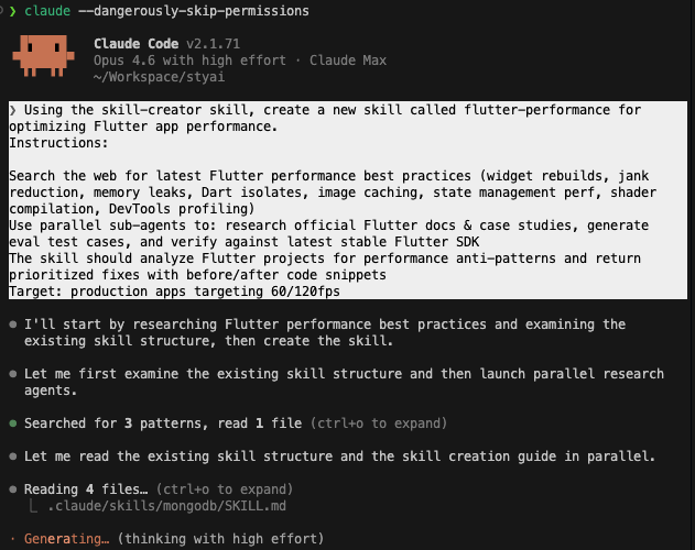 Claude Code creating a custom flutter-performance skill using ai-build-ai, showing research, file reading, and skill generation in progress